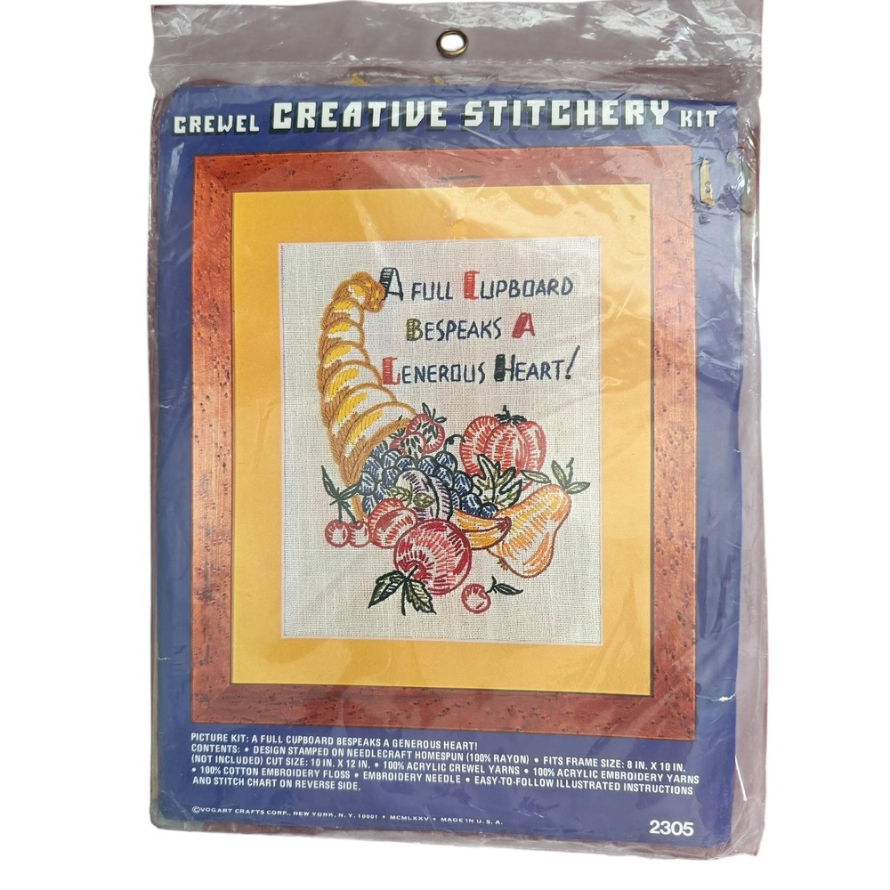 NIP Vintage Vogart Crewel Stitchery Kit 8x10 Cornucopia Wall Art Thanksgiving